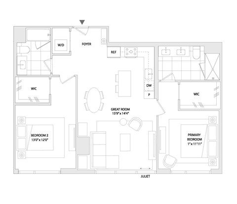 Floor plan for 2 beds, 2 baths, 1189 sqft